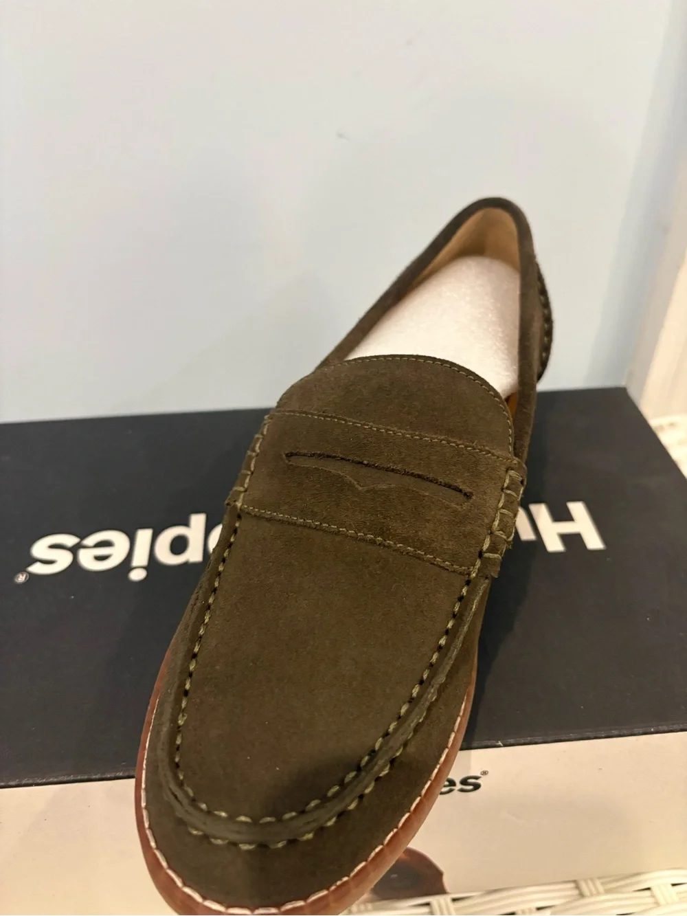 Hush Puppies women’s Suede Penny Loafers in Olive Brown